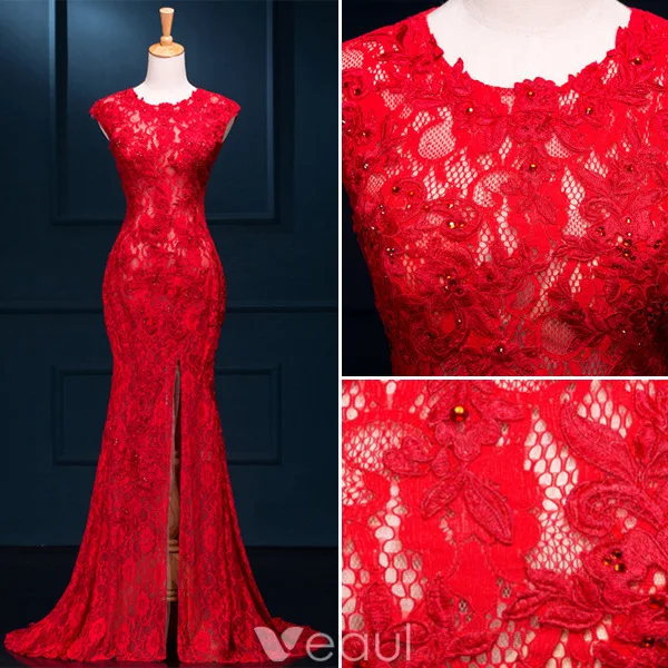 Robe De Soirée Sexy 2016 Sirène Col Rond Perles Divisé Devant Dentelle Rouge Longue Robe
