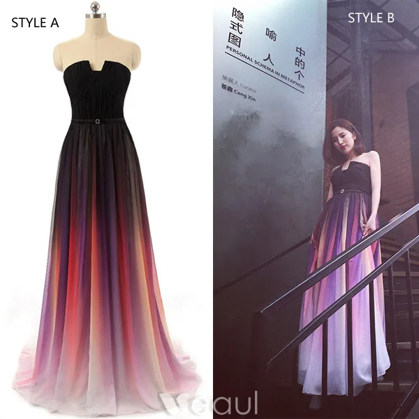 Fashion Evening Dresses 2016 Strapless Gradient Color Silk Chiffon Backless Long Dress