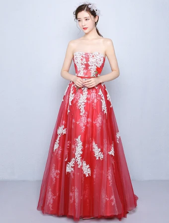 Beautiful Prom Dresses 2016 A Line Strapless Applique White Lace Red Tulle Long Dress