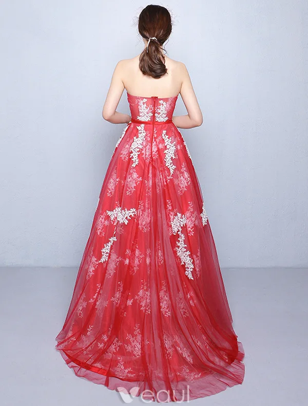 Beautiful Prom Dresses 2016 A-line Strapless Applique White Lace Red Tulle Long Dress