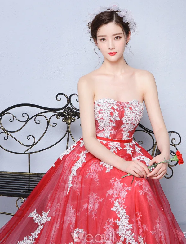 Beautiful Prom Dresses 2016 A-line Strapless Applique White Lace Red Tulle Long Dress