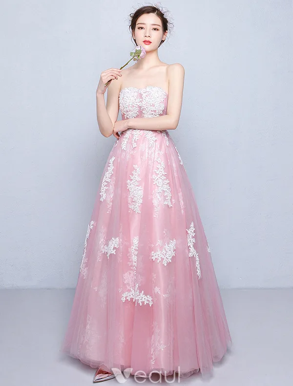 Beautiful Prom Dresses 2016 A-line Strapless Applique White Lace Red Tulle Long Dress