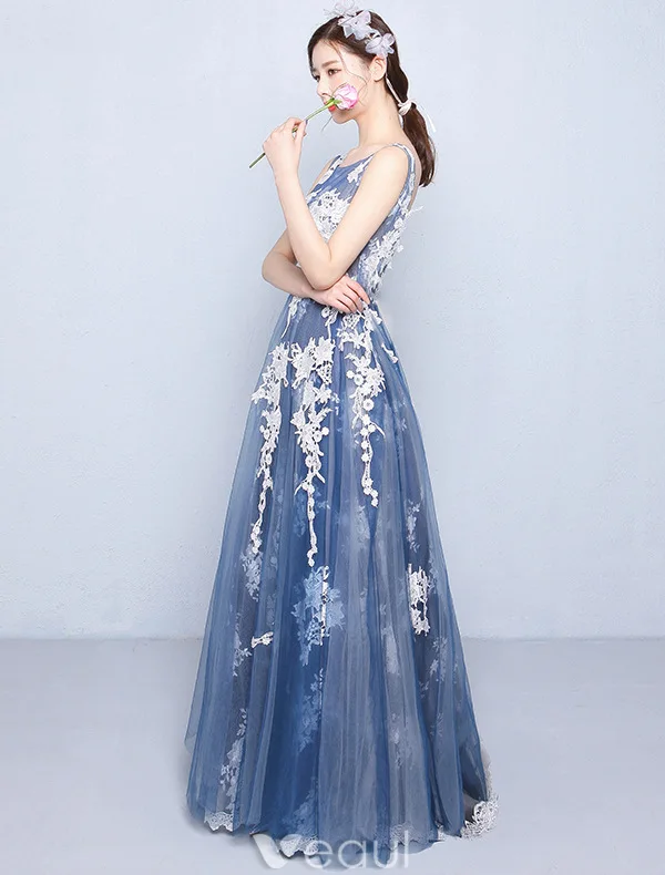 Beautiful Prom Dresses 2016 A-line Scoop Neck Applique Lace Navy Blue Tulle Long Dress