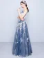 Beautiful Prom Dresses 2016 A-line Scoop Neck Applique Lace Navy Blue Tulle Long Dress