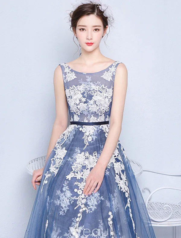 Beautiful Prom Dresses 2016 A-line Scoop Neck Applique Lace Navy Blue Tulle Long Dress
