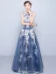 Beautiful Prom Dresses 2016 A-line Scoop Neck Applique Lace Navy Blue Tulle Long Dress