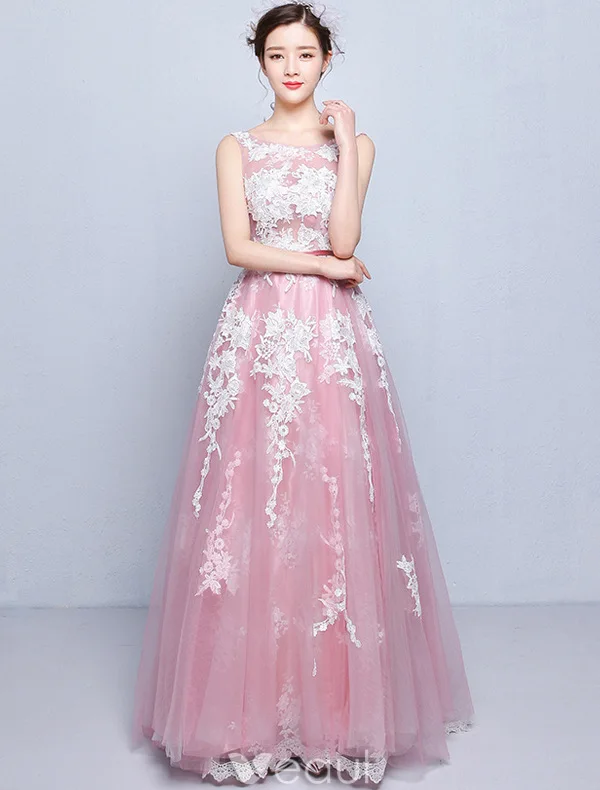 Beautiful Prom Dresses 2016 A-line Scoop Neck Applique Lace Navy Blue Tulle Long Dress