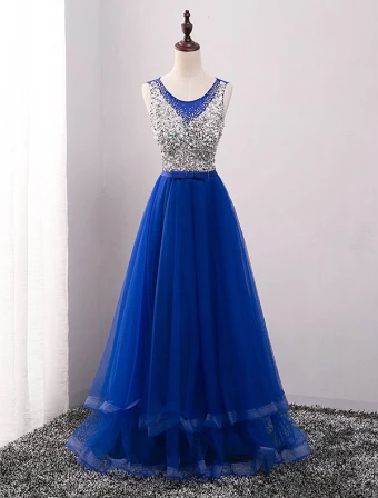 Sparkly Prom Dresses 2016 A Line Scoop Neckline Beaded Sequin Royal Blue Backless Long Dress
