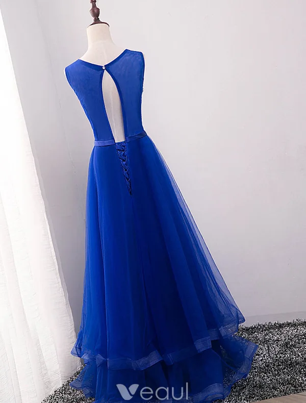 Sparkly Prom Dresses 2016 A-line Scoop Neckline Beaded Sequin Royal Blue Backless Long Dress