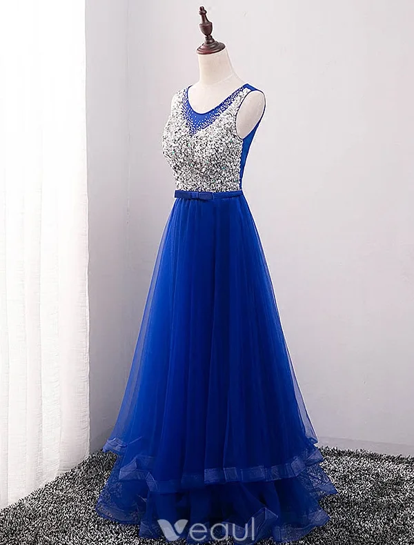 Sparkly Prom Dresses 2016 A-line Scoop Neckline Beaded Sequin Royal Blue Backless Long Dress