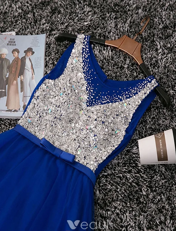 Sparkly Prom Dresses 2016 A-line Scoop Neckline Beaded Sequin Royal Blue Backless Long Dress