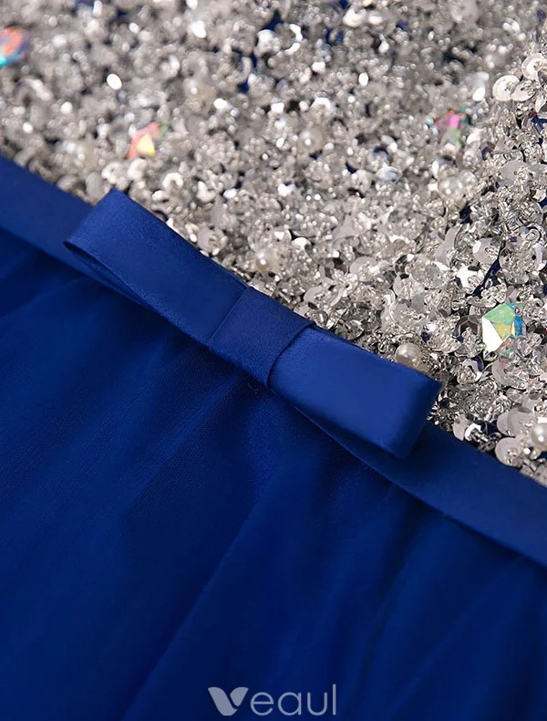 Sparkly Prom Dresses 2016 A-line Scoop Neckline Beaded Sequin Royal Blue Backless Long Dress