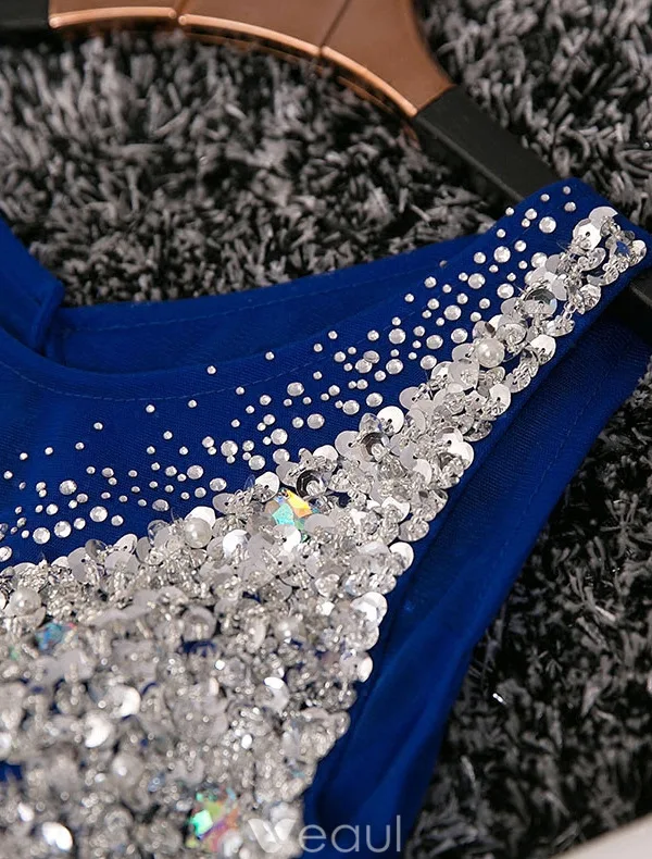 Sparkly Prom Dresses 2016 A-line Scoop Neckline Beaded Sequin Royal Blue Backless Long Dress