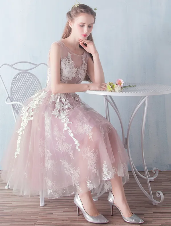 Teenager Prom Dresses 2016 A-line Applique Lace Ruffle Tulle Tea Length Graduation Dress