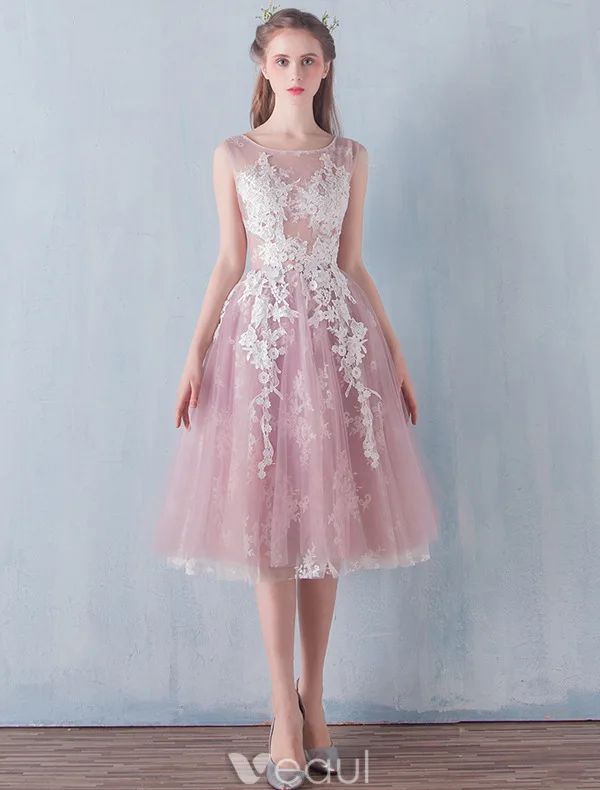 Teenager Prom Dresses 2016 A-line Applique Lace Ruffle Tulle Tea Length Graduation Dress