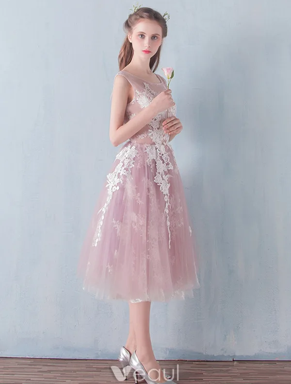 Teenager Prom Dresses 2016 A-line Applique Lace Ruffle Tulle Tea Length Graduation Dress