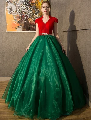 Robe De Bal D Époque 2016 V Cou De Tulle Rouge Foncé Organza Vert Robe Longue Avec Manches