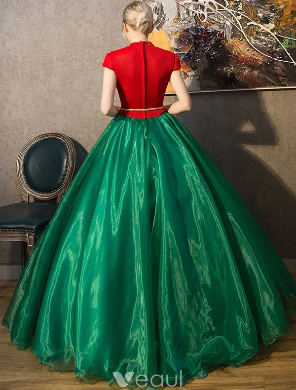 Rocznika Sukienki Na Studniówkę Bal 2016 V-neck Red Tiulu Ciemnozielone Organza Długa Suknia Z Rękawami Cap