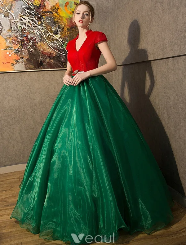 Rocznika Sukienki Na Studniówkę Bal 2016 V-neck Red Tiulu Ciemnozielone Organza Długa Suknia Z Rękawami Cap