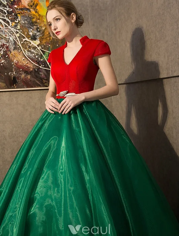 Rocznika Sukienki Na Studniówkę Bal 2016 V-neck Red Tiulu Ciemnozielone Organza Długa Suknia Z Rękawami Cap