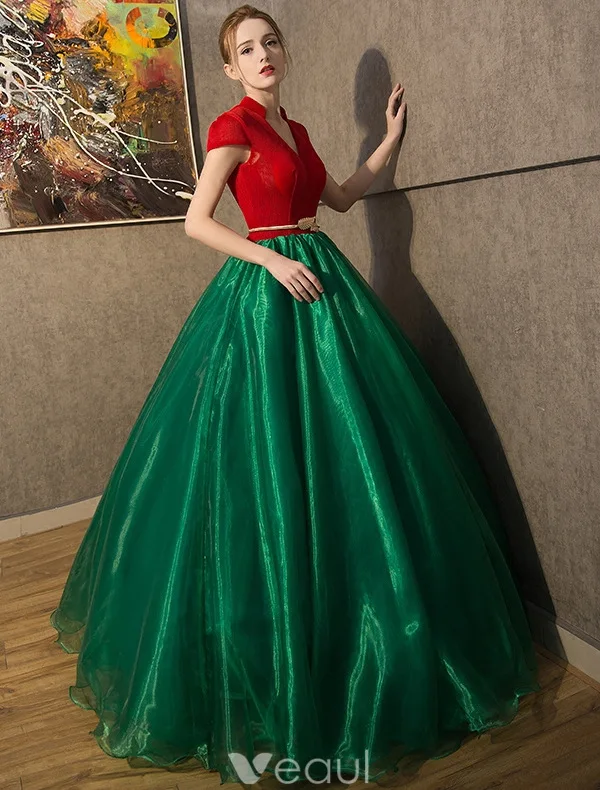 Rocznika Sukienki Na Studniówkę Bal 2016 V-neck Red Tiulu Ciemnozielone Organza Długa Suknia Z Rękawami Cap