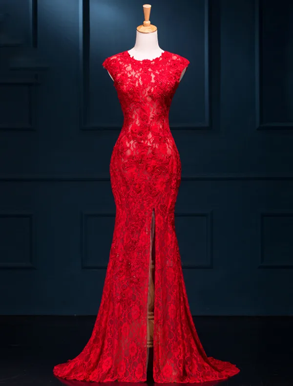 Sexy Evening Dresses 2016 Mermaid Scoop Neck Beading Split Front Red Lace Long Dress