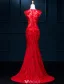 Robe De Soirée Sexy 2016 Sirène Col Rond Perles Divisé Devant Dentelle Rouge Longue Robe