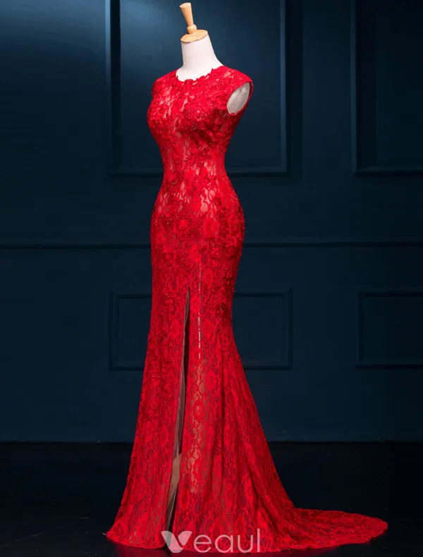 Robe De Soirée Sexy 2016 Sirène Col Rond Perles Divisé Devant Dentelle Rouge Longue Robe