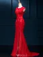 Robe De Soirée Sexy 2016 Sirène Col Rond Perles Divisé Devant Dentelle Rouge Longue Robe