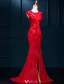 Robe De Soirée Sexy 2016 Sirène Col Rond Perles Divisé Devant Dentelle Rouge Longue Robe
