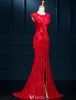 Sexy Abendkleider 2016 Meerjungfrau Mit Rundhalsausschnitt Sicken Vordere Rote Spitze Langen Kleid Gespalten