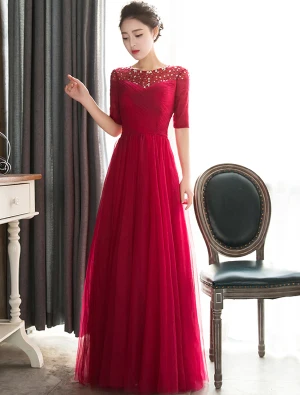 Robe De Soirée Élégantes 2016 Une Ligne De Paillettes Décolleté Carré De Perles Ruffle Bourgogne Tulle Robe Longue