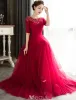 Elegante Abendkleider 2016 A-linie Quadratischen Ausschnitt Sicken Pailletten Rüschen Burgunder Tüll Langes Kleid
