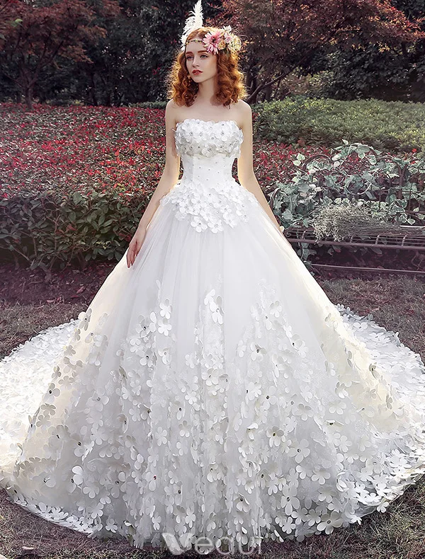 Robe De Mariée Glamour 2016 Robe De Bal Bretelles Appliques Perles Tulle Blanc Robe De Mariée Avec Long Train