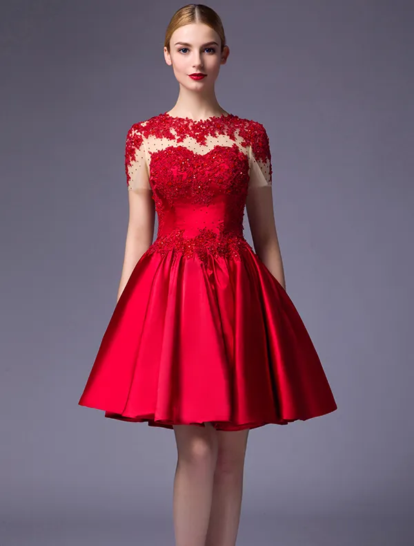 Beautiful Party Dresses 2016 Scoop Neck Applique Lace Beading Ruffle Red Satin Short Dress