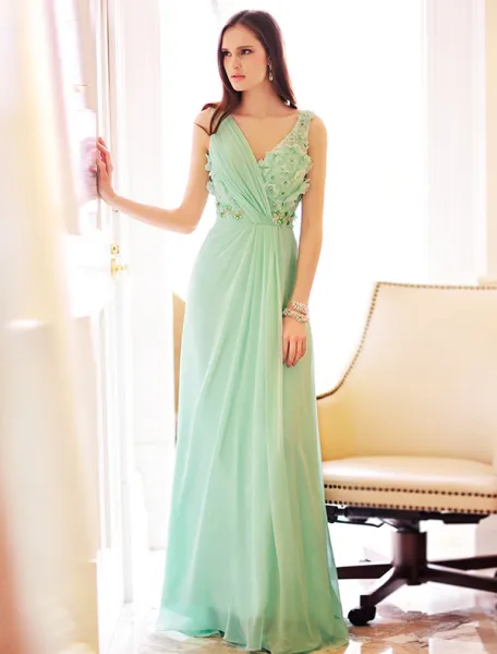 Elegant Summer Evening Dresses 2016 V neck Ruffle Green Chiffon