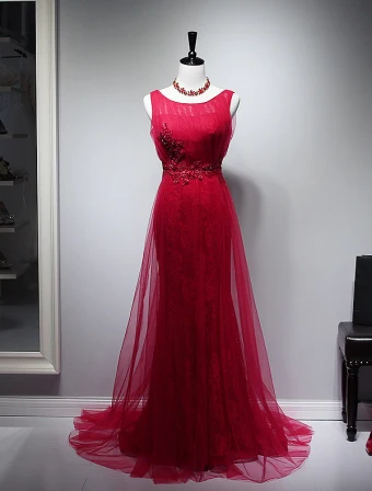 Elegant Evening Dresses 2016 Mermaid Scoop Neck Applique Lace Sequins Red Tulle Long Dress