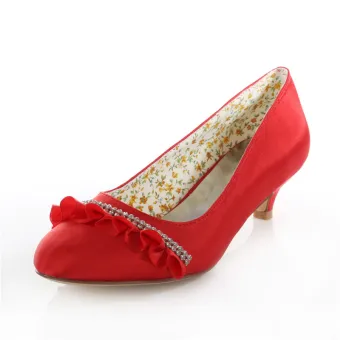 Elegant Red Bridal Shoes Satin Kitten Heel Pumps