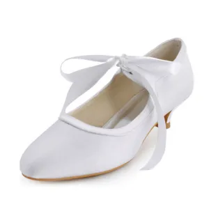 Bombas De Zapatos De La Boda Talón De Satén Gatito Blanco De La Vendimia Con La Correa Del Tobillo