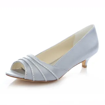 Zapatos De Novia De Satén De Plata Talón De 4cm Bombas Peep Toe