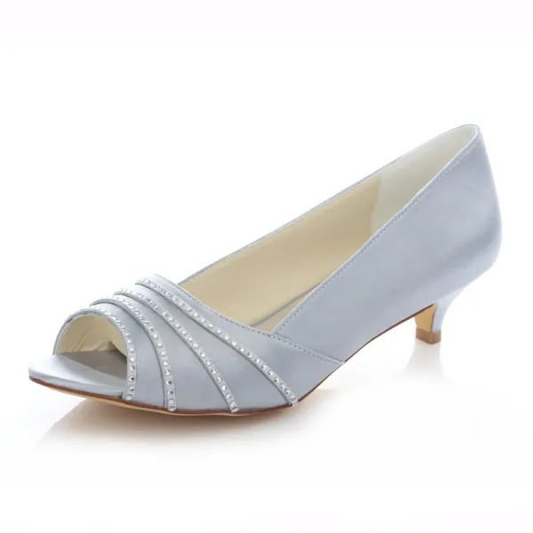 Silver Satin Bridal Shoes 4 Cm Heel Pumps Peep Toe