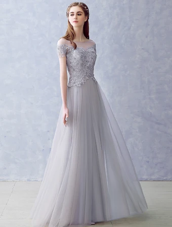 Elegant Evening Dresses 2016 A Line Square Neckline Applique Lace Beading Grey Tulle Long Dress