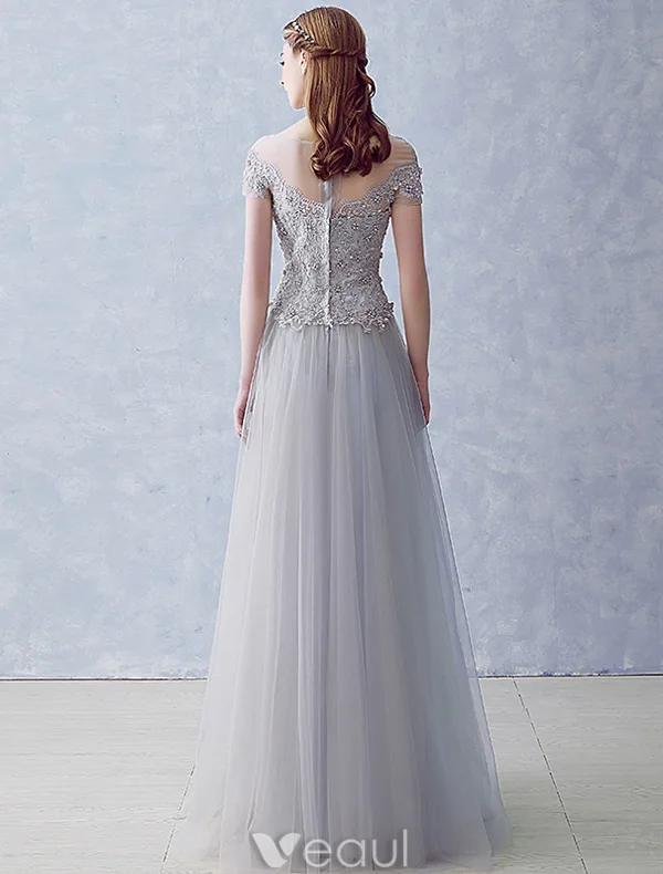 Elegant Evening Dresses 2016 A-line Square Neckline Applique Lace Beading Grey Tulle Long Dress
