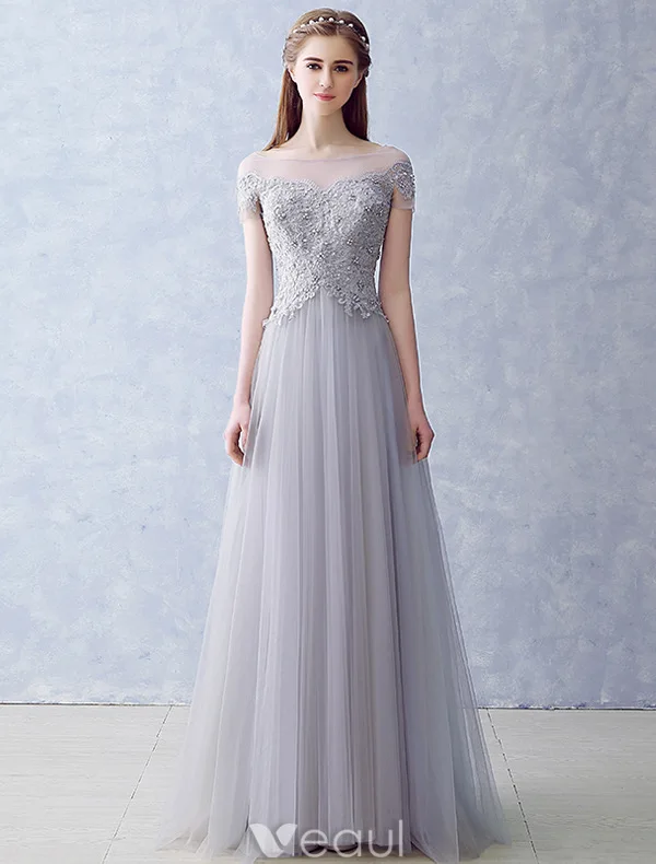 Elegant Evening Dresses 2016 A-line Square Neckline Applique Lace Beading Grey Tulle Long Dress