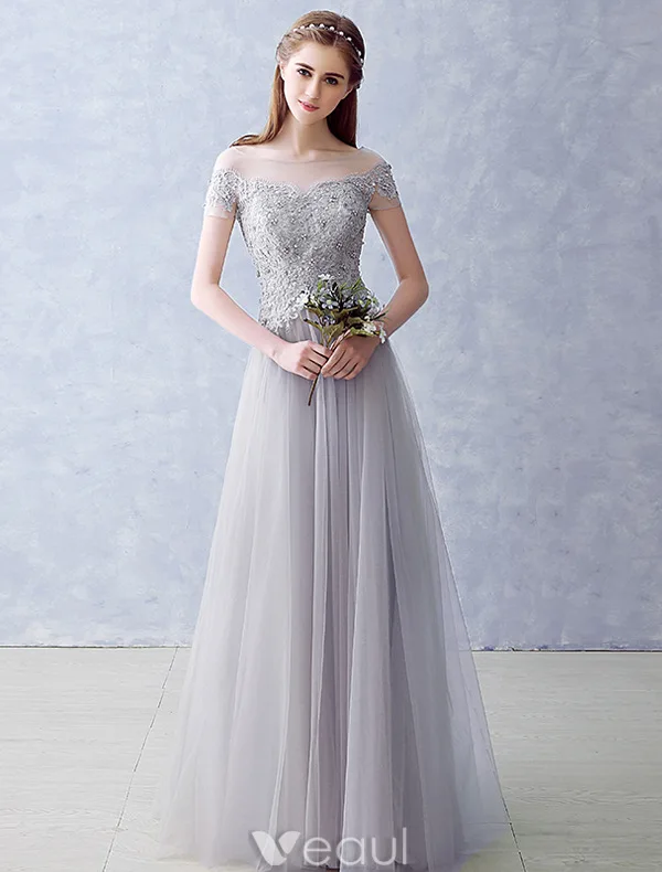 Elegant Evening Dresses 2016 A-line Square Neckline Applique Lace Beading Grey Tulle Long Dress