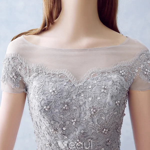 Elegant Evening Dresses 2016 A-line Square Neckline Applique Lace Beading Grey Tulle Long Dress