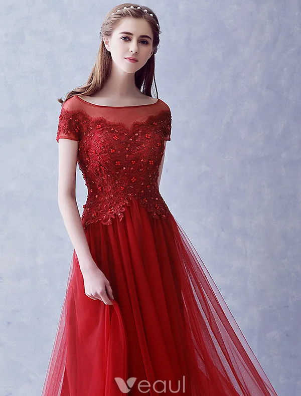 Elegant Evening Dresses 2016 A-line Square Neckline Applique Lace Beading Grey Tulle Long Dress