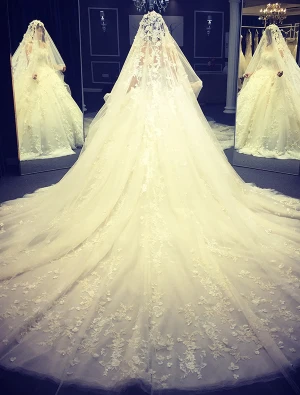 Luxus Brautkleider 2016 Ballkleid Spitze Blume Reine Handarbeit Brautkleid Mit Schleier 4m
