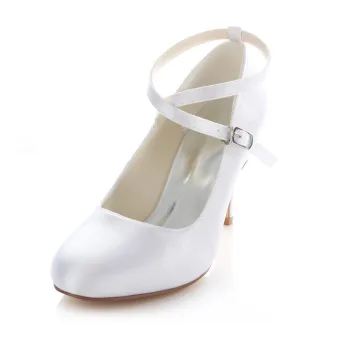 Klassisk Hvit Sateng Brudesko 8cm Høye Hæler Stiletthæler Pumps Med Ankel Rem