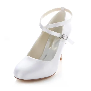 Klassiska Vita Satin Bröllopsskor 8cm Hög Klackar Stilett Pumps Med Ankelbandet